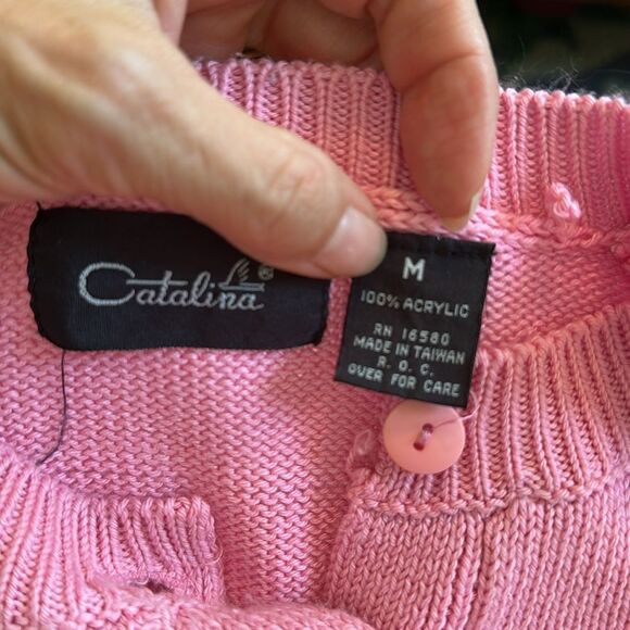 Vintage 80s/90s Catalina Pink Knit Short Sleeve Long Sweater with Beach Scene - Picture 7 of 8